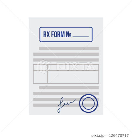 Pharmaceutical form RX prescription for medicines. A sheet of paper with blue seals and stamps, signed by a doctor. Vector illustration of the patient's treatment concept. 126478717