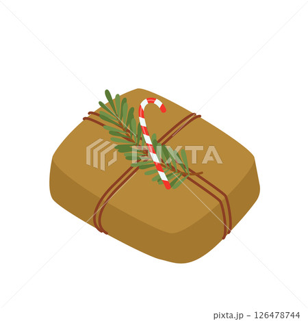 Gift for Christmas or New Year, the box is packed in brown kraft paper. With a spruce branch and a lollipop cane. Vector illustration, for the design or decoration of postcards 126478744