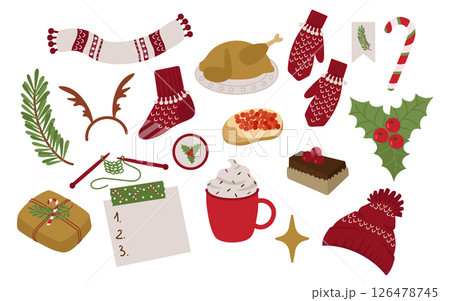 Christmas and New Year's set of cozy winter elements. Fir branch, knitted hat, scarf, mittens with cute patterns, poinsettia, caviar sandwich. Festive vector illustration for scrapbooking, postcards. 126478745