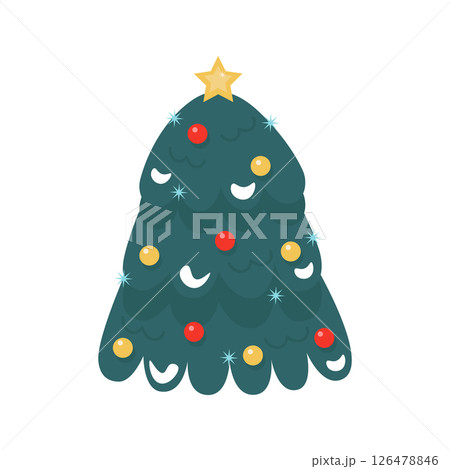 New Year's green Christmas tree. With a star and toys. Cute and cozy vector illustration. For a holiday card, banner, menu, flyer. New Year's green Christmas tree. With a star and toys. Cute and cozy vector illustration. For a holiday card, banner, menu, flyer. 126478846