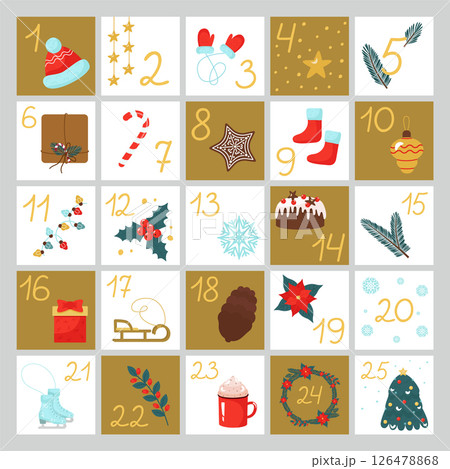 Christmas Advent calendar. Dates from the first to the 25th on postcards with New Year's pictures. Vector festive illustration of the December diary. 126478868