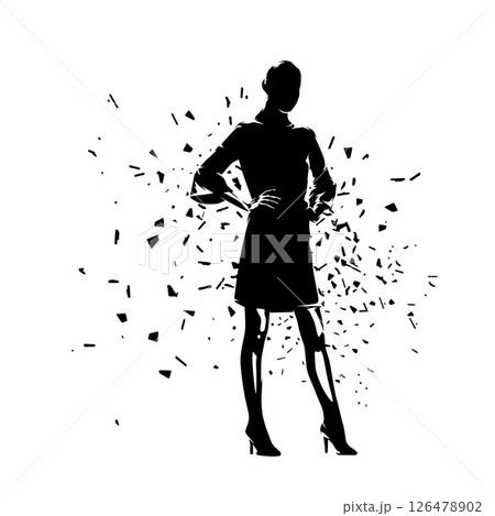 Business woman standing with hands on hips. Female fashion model clip art. Isolated vector silhouette with dispersion effect 126478902