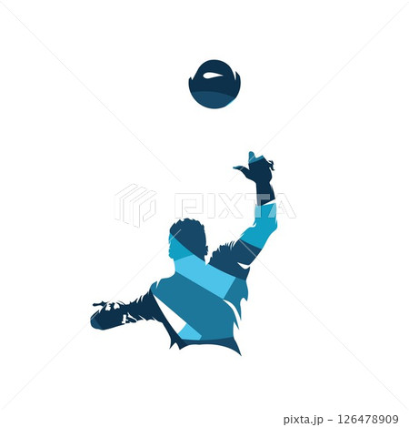 Volleyball player serving ball,  abstract blue isolated vector silhouette, front view. Team sport athlete logo 126478909
