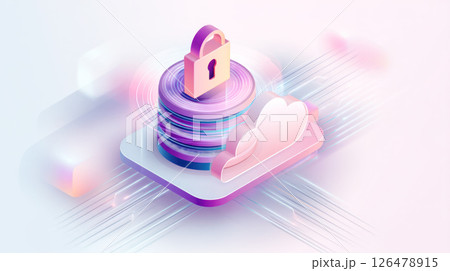 3D illustration of a secure cloud storage concept featuring a padlock on stacked data disks, surrounded by abstract shapes and vibrant colors, representing digital security and data protection 3D illustration of a secure cloud storage concept featuring a padlock on stacked data disks, surrounded by abstract shapes and vibrant colors, representing digital security and data protection 126478915