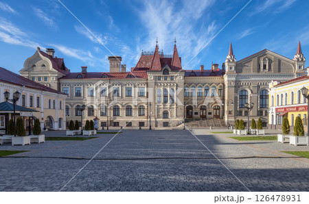 Historic Exchange in Rybinsk with Red Merchant Court on right, featuring a recreated vintage sign 126478931