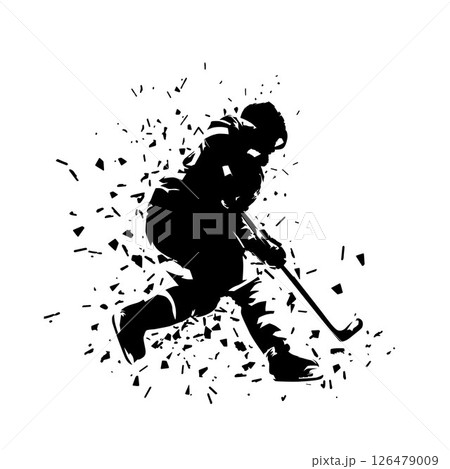 Ice hockey player skating with puck, ink drawing with dispersion effect. Isolated vector silhouette. Ice hockey 126479009