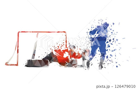 Ice hockey penalty shot, group of hockey players, isolated low polygonal vector illustration with dispersion effect. Breakaway. Hockey goalie makes save. Ice hockey penalty shot, group of hockey players, isolated low polygonal vector illustration with dispersion effect. Breakaway. Hockey goalie makes save. 126479010