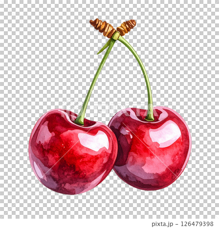 Red ripe juicy cherries on a white background, sweet and fresh healthy fruit dessert with green stems 126479398
