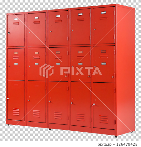 Old blue metal safe deposit boxes in a row with security locks 126479428