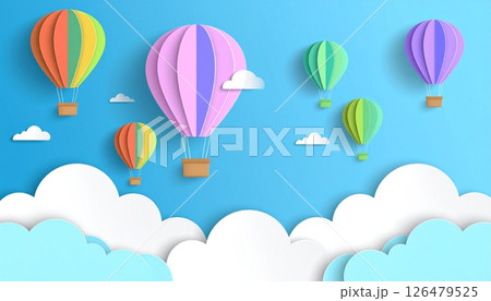 Colorful hot air balloons flying in a summer sky with clouds and a rainbow, a fun cartoon illustration of travel and adventure 126479525