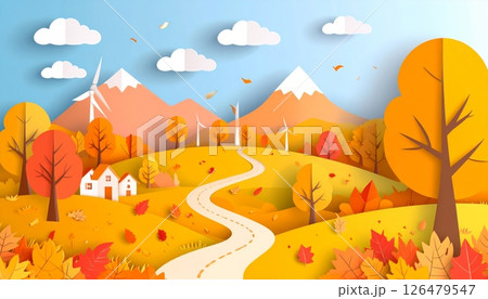 Vector cartoon illustration of a winter landscape with trees and mountains, perfect for nature art 126479547