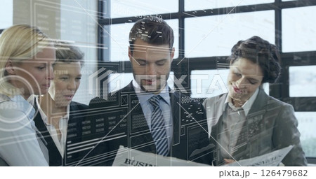 Image of financial data processing over diverse business people in office Image of financial data processing over diverse business people in office 126479682