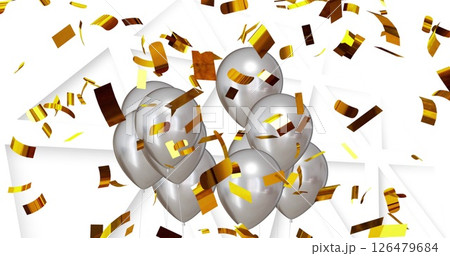 Image of confetti falling over silver balloons 126479684