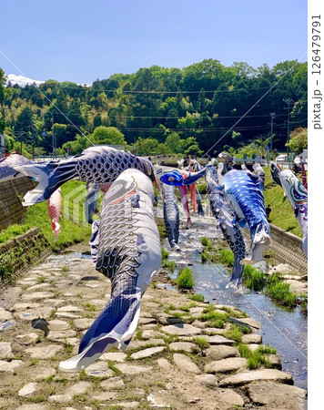 五月晴れの青空と新緑の中、薫風に泳ぐ色鮮やかな鯉のぼり〈青木川/愛知県岡崎市〉 五月晴れの青空と新緑の中、薫風に泳ぐ色鮮やかな鯉のぼり〈青木川/愛知県岡崎市〉 126479791