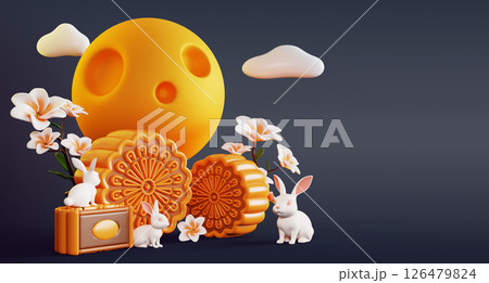Mid autumn festival dark 3d background. Mooncakes, rabbits, frangipani flowers, moon and clouds at night. Chinese traditional holiday of harvest and family with asian sweet food gift. 3D illustration Mid autumn festival dark 3d background. Mooncakes, rabbits, frangipani flowers, moon and clouds at night. Chinese traditional holiday of harvest and family with asian sweet food gift. 3D illustration 126479824