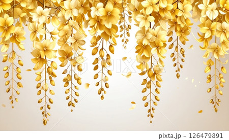 Golden stars illuminate a floral branch with autumn leaves and blossoms 126479891