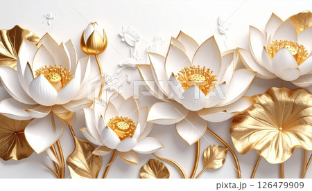 Golden lotus flower in bloom, a beautiful white and gold floral plant close-up Golden lotus flower in bloom, a beautiful white and gold floral plant close-up 126479909