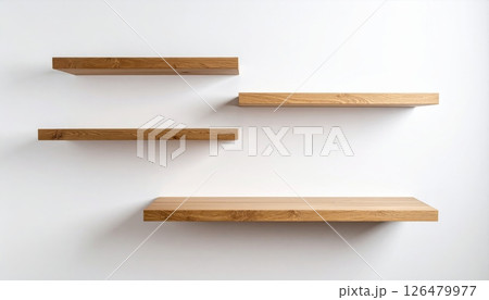 Empty brown wooden shelves on a white background, perfect for books, literature, or any object stack 126479977