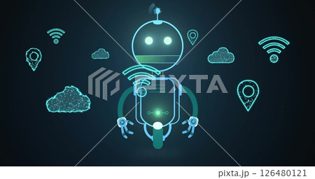 Image of robot icon over media icons 126480121