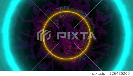 Image of neon colourful circles over shapes moving Image of neon colourful circles over shapes moving 126480200