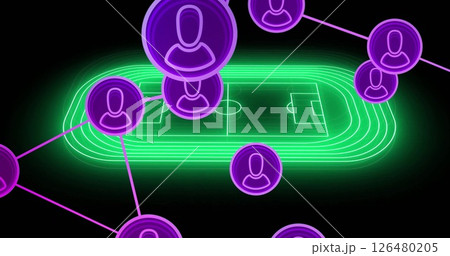 Image of network of connections with icons over neon stadium 126480205