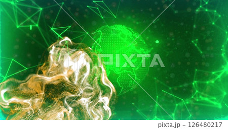 Image of glowing trails over connections with globe on green background 126480217