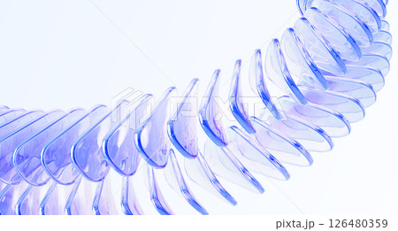 Abstract 3d background with rows of glass holographic transparent curve shapes. Iridescent gradient wave line pattern. Futuristic digital tech network, data array, speed motion effect. 3D illustration 126480359