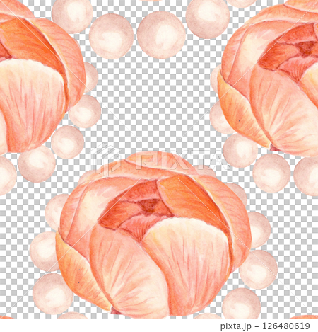 Pink peony flowers surrounded by soft pearls form an elegant repeating design, ideal as a watercolor seamstress pattern. Perfect for fabric prints, wedding decor, feminine branding, and packaging 126480619
