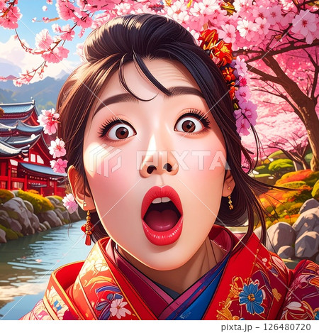 驚きの表情を浮かべる着物姿の女　イラスト 126480720