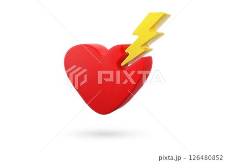 Red heart with yellow lightning bolt isolated on white background, 3D rendering Red heart with yellow lightning bolt isolated on white background, 3D rendering 126480852