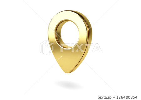 Gold map pointer 3d pin. Location symbol isolated on white background. Web location point, pointer. 3D rendering. 126480854