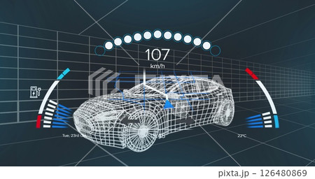 Image of 3d car model and data processing over dark background 126480869
