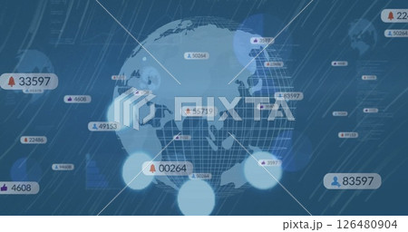 Image of social media icons with numbers over globe and lines on blue background 126480904