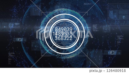 Image of data processing over globe on black background 126480918