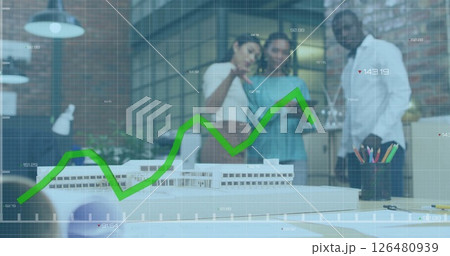 Image of green line and data processing over diverse business people in office 126480939