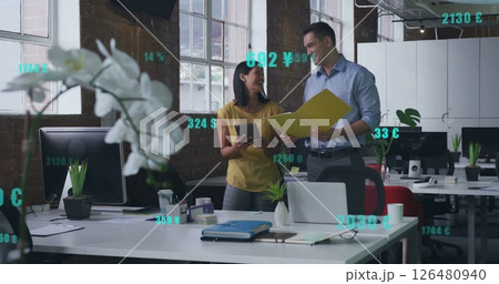 Image of financial data processing over diverse business people in office 126480940