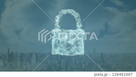 Image of padlock icon and digital data processing over cityscape 126481007