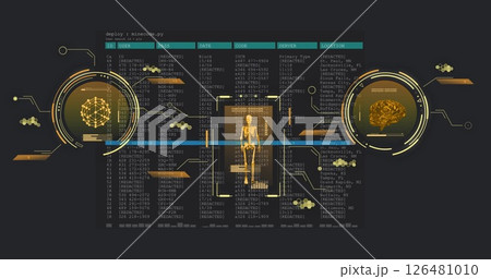 Image of network of connections with science data over black background 126481010