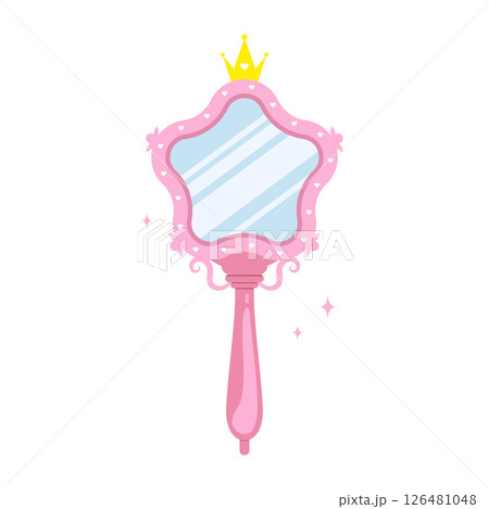 Princess mirror. Baby hand mirror with pink star frame. Antique party element with gold crown. Vector illustration in flat cartoon style Princess mirror. Baby hand mirror with pink star frame. Antique party element with gold crown. Vector illustration in flat cartoon style 126481048