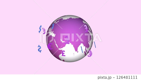 Image of currency icons over globe on pink background Image of currency icons over globe on pink background 126481111