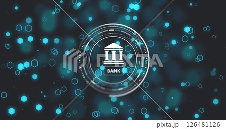 Image of bank icon with scope scanning over glowing spots of light on black background 126481126