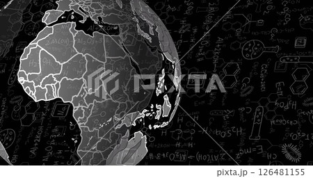 Image of scientific data processing over globe on black background 126481155