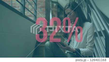 Image of growing number over caucasian businesswoman using tablet Image of growing number over caucasian businesswoman using tablet 126481168
