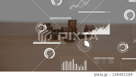 Image of data processing and diagrams over coins Image of data processing and diagrams over coins 126481184
