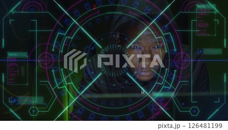 Image of scope scanning over biracial male hacker using laptop 126481199