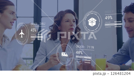 Image of media icons and data over caucasian colleagues at meeting 126481204
