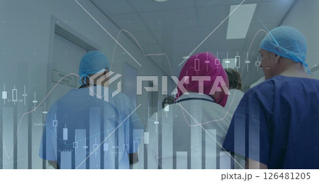 Image of diagrams over diverse doctors walking in hospital 126481205