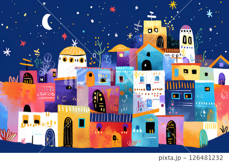 絵本のような楽しい手描き風の街並みイラスト 126481232