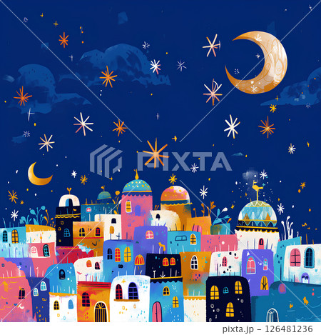 絵本のような楽しい手描き風の街並みイラスト 絵本のような楽しい手描き風の街並みイラスト 126481236