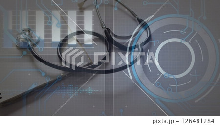 Image of data processing with scope scanning over stethoscope on grey background Image of data processing with scope scanning over stethoscope on grey background 126481284